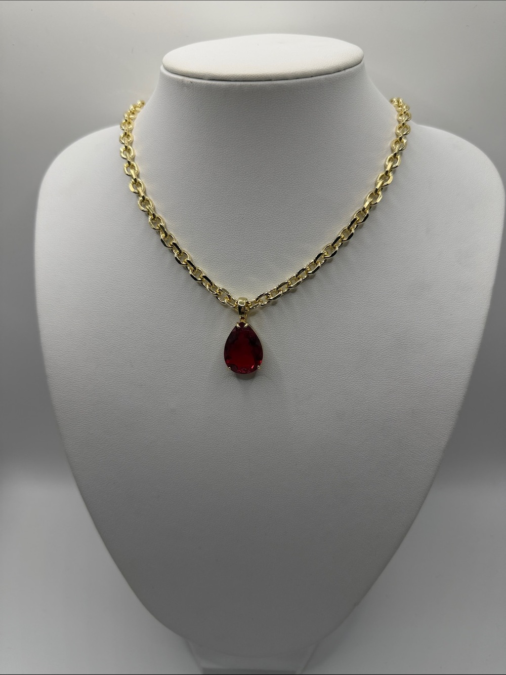 141. 18k Gold Plated Chain Necklace with Red Crystal Teardrop Pendant 18”